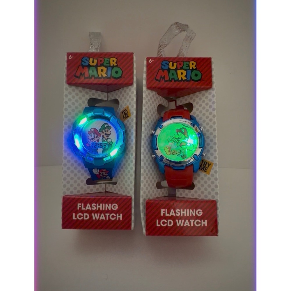 2 Nintendo Super Mario Bros Kids Flashing LCD Digital Watches New Batteries Box